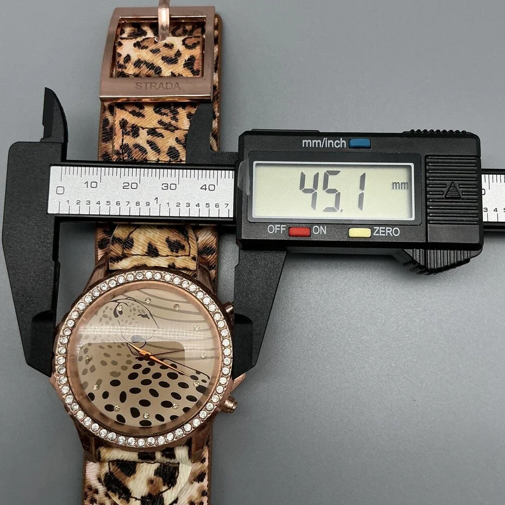 Strada Womens Watch 45mm Rose Gold Tone Cheetah Dial Leopard Strap New Battery